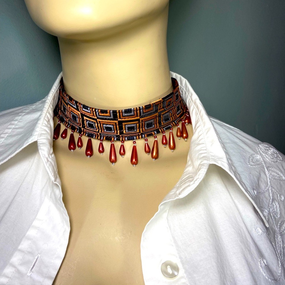 One of a kind, Handmade,Upcycled Silk Mens Tie Sexy Choker, with Bead Trim